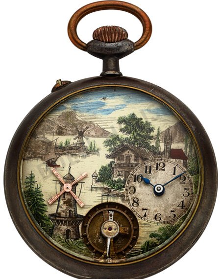 Swiss Windmill Automaton Pocket Watch, Visible Balance — c. 1895